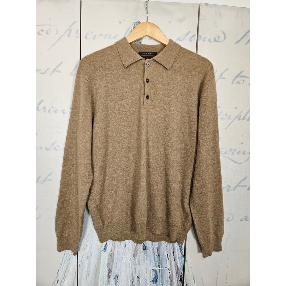 Tasso Elba 100% Cashmere Polo Sweater Medium Brown Long Sleeve Knit Preppy